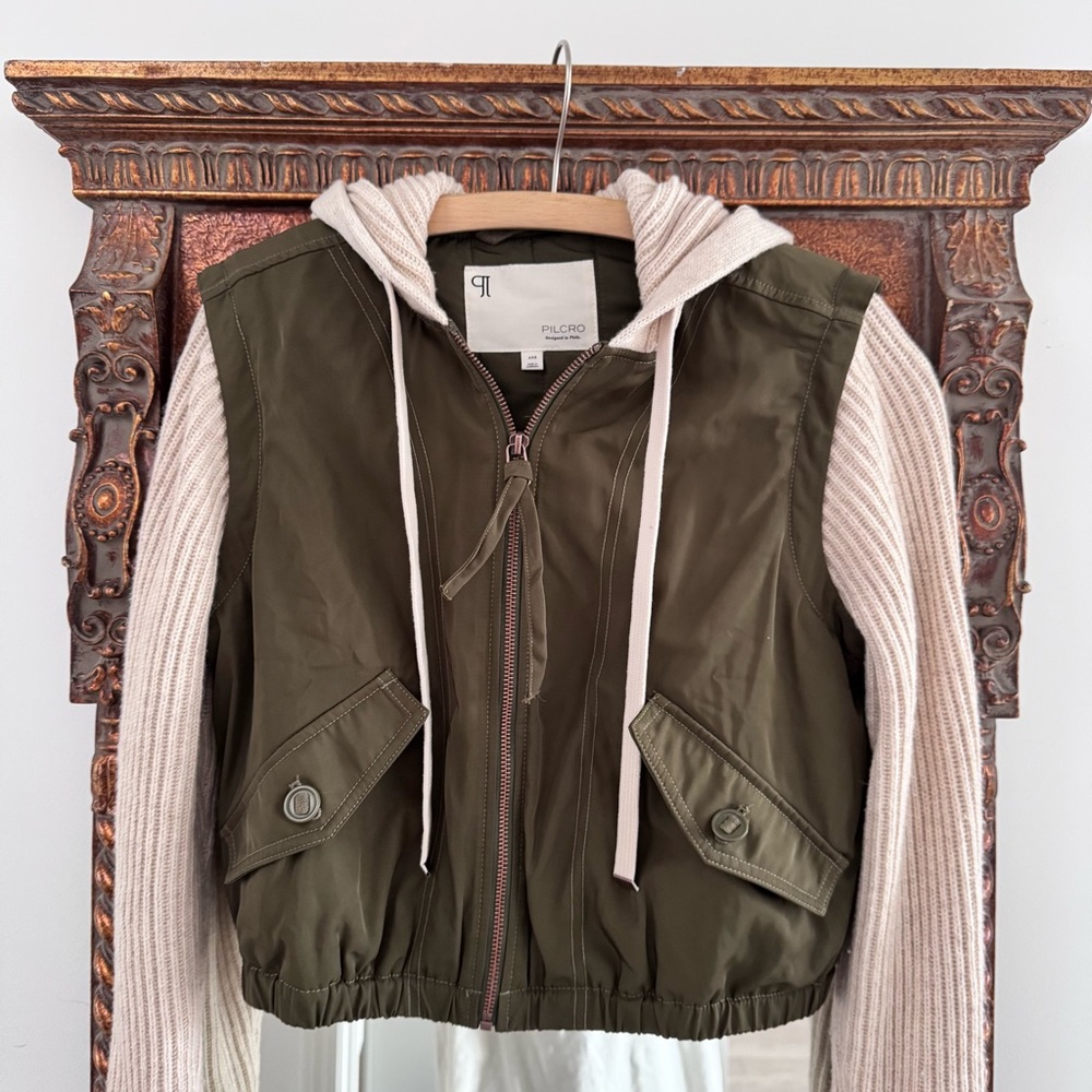 Pilcro Utility Sweater Jacket XXS Olive Green Hooded Vest Beige Sleeves Anthro